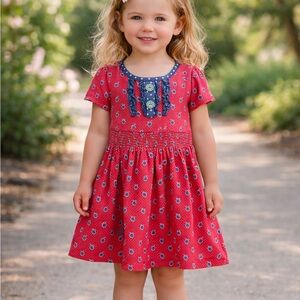 Matilda Jane Coral Red Short Sleeve Smocked Dress with Navy Trim